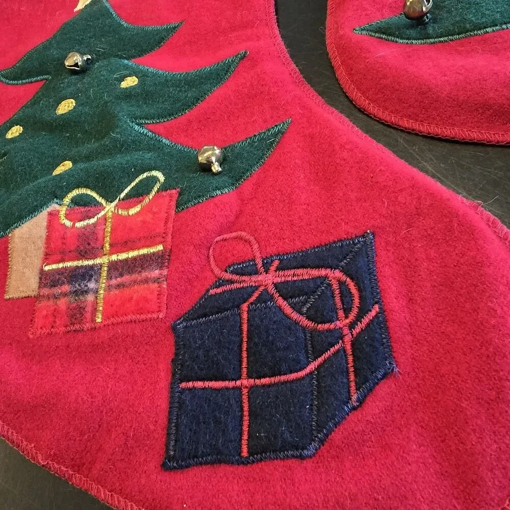 2 Red Christmas Stockings White Cuff Pom-Pom Trim Tree Hanging Loop